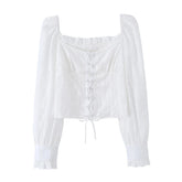 LIZAKOSHT - Sweet Embroidery White Cross Lacing up Bow Front Long Puff Sleeve Shirt Women Slash Collar Elastic Back Slim Crop Top blouses