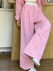 LIZAKOSHT - Spring Summer Thin High Waist Women's Plaid Wide Leg Pants Casual Elasticded Trousers Vintage Loose All-match Pants