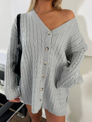 LIZAKOSHT - Twill Loose Sweater Cardigan for Women Elegant Long Sleeve Oversized Buttons Knitted Top Solid Fall Streetwear Sweaters