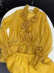 LIZAKOSHT  -  Ruffle Women's Shirt Shorts Sets 3D Flower V-neck Lace Up Long Sleeve Top Elastic Waist Short Pants two pieces set Lady Suits