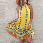 LIZAKOSHT - Halter Simple Fashion Loungewear Dress, Women Summer Sleeveless Patchwork Party Dress, Sweet Printing Elegant Ladies Dress