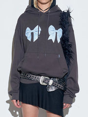 LIZAKOSHT Vintage Hoodies Women Harajuku Bow Printed Hooded Sweatshirt Female Autumn Long Sleeve Hoodies Casual Loose Oversized Hoodie