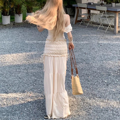 LIZAKOSHT - Summer New High Street Lace-up Pleated Solid Color Casual Cake Skirt Women + Sexy Slim Short Sleeve T-shirt Two-piece Suit