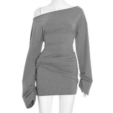 LIZAKOSHT - Women's Autumn Obliques Shoulder Long-sleeved Ruched Bodycon Solid Casual Women Mini Dresses Elegant Party Vestidos 2026