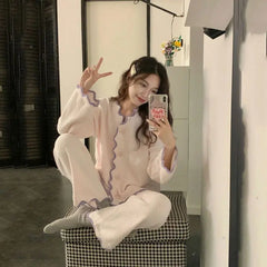 LIZAKOSHT - Women Autumn Winter Thick Warm Homewear Nightie Leisure Patchwork Coral Velvet Pant Cardigan Suit Korean Comfortable Pajama Sets