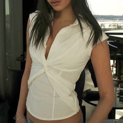 LIZAKOSHT - Vintage Sexy Polo Neck Twisted Ruched White Tees Casual Slim Fit Low-cut Neck Solid Cropped Tops Trend All-match Streetwear