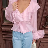 LIZAKOSHT  -  Summer Charm Pink Chiffon Sunscreen Coat Temperament Layered Ruffle V-neck Trumpet Short Women's Shirt