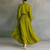 LIZAKOSHT - Autumn Long Sleeve Turtleneck Pullover Top +Maxi Skirts 2 Pieces Sets Retro Solid Cotton Linen Pleated Suit Fashion Woman Outfit