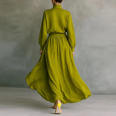 LIZAKOSHT - Autumn Long Sleeve Turtleneck Pullover Top +Maxi Skirts 2 Pieces Sets Retro Solid Cotton Linen Pleated Suit Fashion Woman Outfit