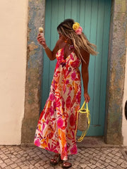 LIZAKOSHT - Holiday Vintage Beach Dress Fashion Women Printed Tie-Up Waist Slim Dress Women Backless Long Dress Vestidos Summer New