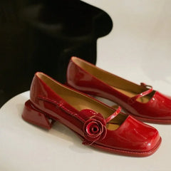 LIZAKOSHT Spring New High Heels French Vintage One Rose Square Headed Thick Heel Small Leather Shoes Mary Jane Women's Shoes