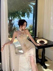 LIZAKOSHT - Sleeveless Slim Floral Women Summer Dress Split Bodycon Robe Dresses Halter Solid Backless Party Dress