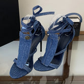 LIZAKOSHT - Sexy Thin High Heels Women Sandals Design Style Denim Button Ankle Lace-up Shoes Summer Gladiator Pumps