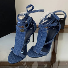 LIZAKOSHT - Sexy Thin High Heels Women Sandals Design Style Denim Button Ankle Lace-up Shoes Summer Gladiator Pumps
