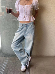 LIZAKOSHT - Streetwear Baggy Lace Jeans Women Harajuku Low Waist Jean Pant Y2K Vintage Casual Straight Washed Denim Trousers Korean