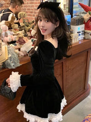 LIZAKOSHT - French Princess Velvet Dresses for Women Long Sleeves Patchwork Lace-up Ruffles A-line Birthday Party Dress Autumn New Vestidos