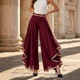 LIZAKOSHT - Summer Women Elegant High Waist Pants Fashion Gold Trim Flowy Spliced Layered Hem Casual Wide Leg Pants Lady Loose Pants