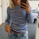 LIZAKOSHT - Vintage Preppy Style Y2K Crop Tops Clothes Cottage Striped Rib Knitted T-shirt Women Long Sleeve Casual Basic Tees Pullovers