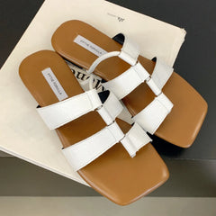 LIZAKOSHT - Designer Set Toe Flat Sandals Women Fashion Square Head Hollow Slippers Summer Party Soft Bottom Beach Shoes Flip Flops Women