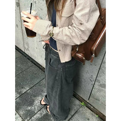 LIZAKOSHT - Women's Flare American Retro Washed Distressed Drawstring Curved Banana Jeans Design Sense Loose Wide Leg Casual Denim Pants