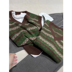 LIZAKOSHT  -  Women Clothing Autumn Winter Vintage Striped All Match Sweater Vest Y2K Simple Casual V Neck Sleeveless Loose Knitted Waistcoat