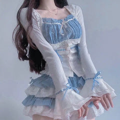 LIZAKOSHT - Set Skirt Crop Tops Blouse + Mini Skirts 2024 Autumn Casuall Japanese Style Y2k Vintage Lolita Kawaii Suits