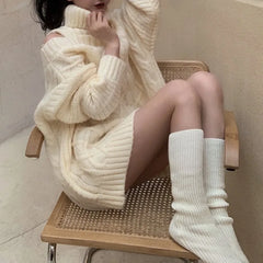 LIZAKOSHT  -  Autumn Winter Lazy Sweatshirt Dress for Women Turtleneck Off Shoulder Knitted Sweater 2025 New Mid-length Vestidos Mujer Tops