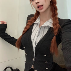LIZAKOSHT - Fake Two-piece Multi-button Casual Long-sleeved Cardigan Women 2024 Autumn New Polo Collar Contrast Color Patchwork Knitted Tops