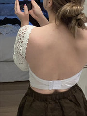 LIZAKOSHT - Sexy Women Backless Knitted T-shirts Vintage Bohemian Hollow Out Crochet Crop Tops Square Neck Flare Sleeve Tees Shirts