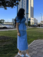 LIZAKOSHT - Y2k Women Denim Sets Office Work Lapel Ruff Sleeves Cinching Waist Slim Tops Baggy Long Jeans Dress 2 Piece Suits Chic Elegant
