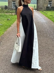 LIZAKOSHT - Korean Fashion Black White Color High Neck A-line Dress Women Summer Sleeveless Elegant Party Evening Dresses New