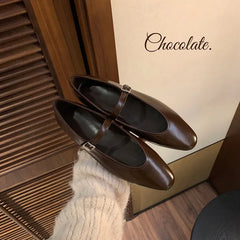 LIZAKOSHT - Shallow Mouth Mary Jane Shoes Women's Flat Shoes Ladies French Retro Single Shoes Buckle Leather Loafers Women