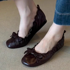 LIZAKOSHT - Red Bow Pleated Design Brand Ballet Flat Shoes Women Retro Round Toe Shallow Mary Jane Shoes Comfortable Moccasin Casual Shoes