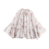 LIZAKOSHT - Spring Summer White Pink Floral Print Flare Cuff Long Sleeve Pullover Shirt Women Bow O Collar Loose Short Blouses Femme Tops