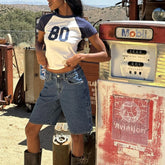 LIZAKOSHT - Women Summer Jean Shorts Casual Knee Length Star Print Denim Short Pants for Vacation Beach Club Y2K Vintage Streetwear