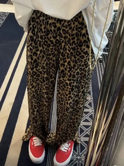 LIZAKOSHT - Leopard Print Slit High Waist Wide Leg Pants Fashion Street Loose Casual Pants Retro All-match Trousers Streetwear Women
