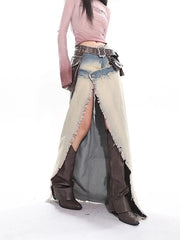 LIZAKOSHT - Denim Split Skirt Distressed Gradient Raw Edge For Women Bag Buttocks Slimming Long Skirts American Retro Spicy Girl Long Skirt