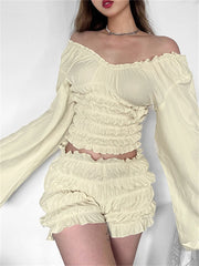 LIZAKOSHT - Summer Fashion Ruffles Chic 2 Piece Set Elegant Party Outfits Women 2024 Sexy Off Shoulder Long Sleeve Ruched Shorts Set
