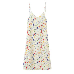 LIZAKOSHT - Holiday Women Beige with Colored Geometric Dot Print Sling Dress V Collar Tie Bow Back Midi Long Dresses Vestidos Summer Robe