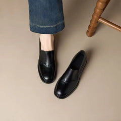 LIZAKOSHT - NEW Spring Women Loafers Split Leather Women Shoes Round Toe Chunky Heel Shoes Concise Slip-on Daily Ladies Shoes