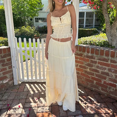 LIZAKOSHT - 2 Piece Set Women Outfit Sexy Solid Color Tie Up Front Sleeveless Crop Tops and Long Skirts 2000s Clothing Streetwear