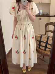 LIZAKOSHT - Beige Women Long Dress Florals Embroidery Fashion Summer Holiday Puff Sleeve Princess Sweet Chic Elegant Daily