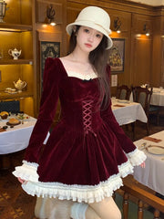 LIZAKOSHT - French Princess Velvet Dresses for Women Long Sleeves Patchwork Lace-up Ruffles A-line Birthday Party Dress Autumn New Vestidos