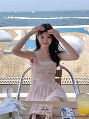 LIZAKOSHT  -  Elegant Sleeveless Strap Mini Dress Women Beach Style Lace Dress Even Party 2024 Summer Vintage One Piece Dress Korean Fashion