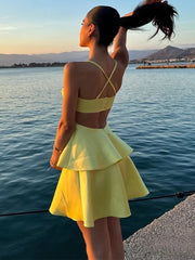 LIZAKOSHT - Sexy Yellow Satin Women Mini Dress Fashion Backless Sleeveless Pleated A-line Dresses 2024 Summer Lady Party Evening Robes
