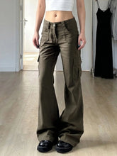 LIZAKOSHT - Vintage Low Rise Cargo Flare Pants Multi Pocket Streetwear Trousers