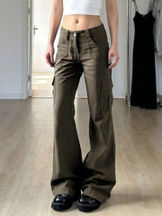LIZAKOSHT - Vintage Low Rise Cargo Flare Pants Multi Pocket Streetwear Trousers