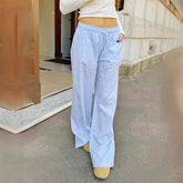 LIZAKOSHT - Vintage Y2k Blue Striped Casual Pants Oversized Harajuku Korean Fashion Old Money Baggy Pink Trousers Woman Summer Thin