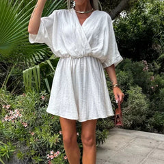 LIZAKOSHT - Elegant Vacation Solid Pleat Mini Dress Casual Short Sleeved Women Party Dress Summer Female Waist V-neck Beach Dress Lady