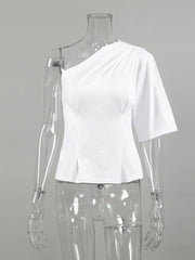 LIZAKOSHT - Women's White One Shoulder Asymmetric Blouse Elegant Ruched Bust Minimalist Sleeve Tops Women's Fashion Date Night T-shirt